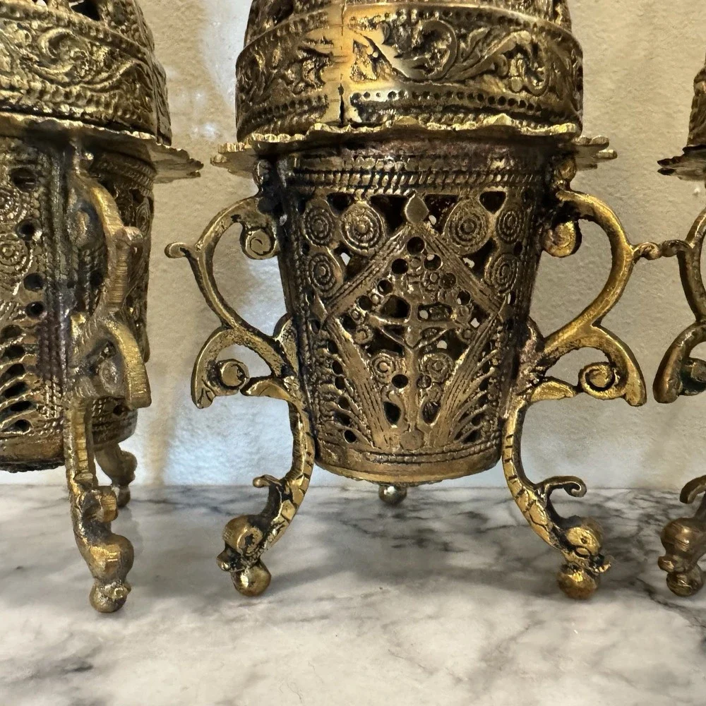 Set 3 Vintage Solid Brass Greek / Orthodox Tabletop Incense  Burners ~ Thuribles
